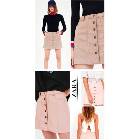ZARA TRF Snap button up light Pink Faux Suede Mini Skirt Size Large - Picture 10 of 10